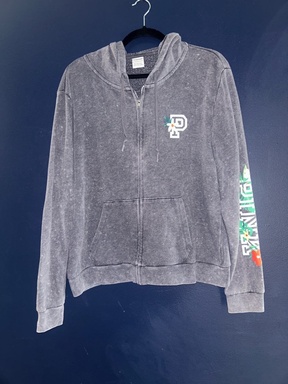 PINK Victoria's Secret Gray Full-Zip Hooded Sweatshirt with Floral Accents - Picture 8 of 13